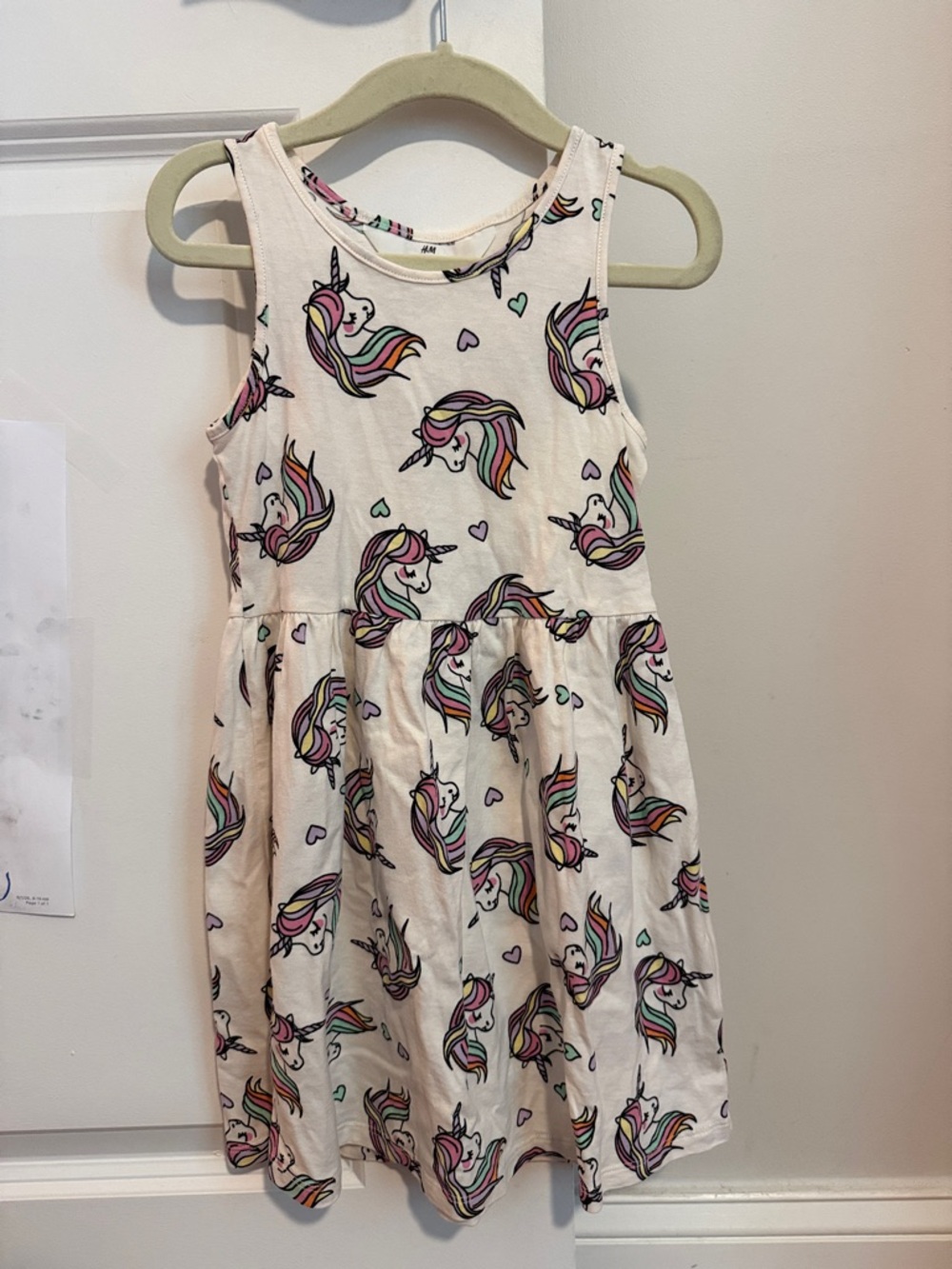 H&M Girls Dress Cream Sleeveless Unicorn Heart Print 100% Cotton Size 3/4T